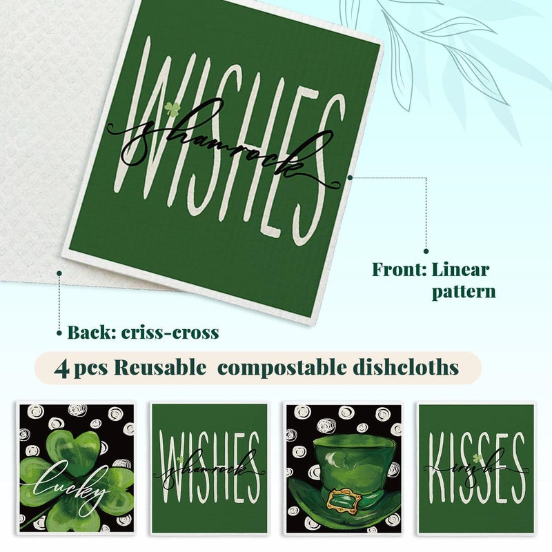 LARTSFRO Lucky Wishes Green Swedish Dishcloths for Kitchen, Swedish Dish Cloths for Four-Leaf Clover, 4 Pack Dish Towels for Kitchen, Papaya Reusable Paper Towels Washable - Image 3